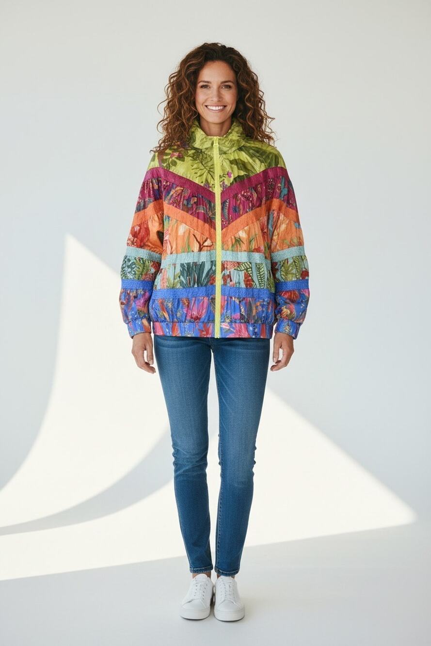 B2 NWOT FARM RIO Multicolor Patchwork Print Ruffled Windbreaker Jacket Size L